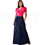 Saia Jeans Longa Botões Tendência Moda Evangélica