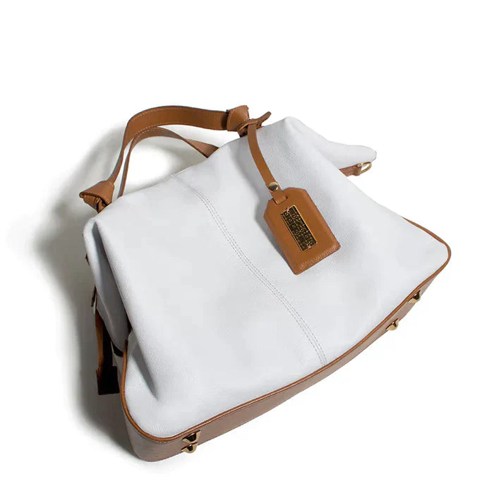 BOLSA FEMININA EM COURO ALÇA DE MÃO BRANCA COM CARAMELO