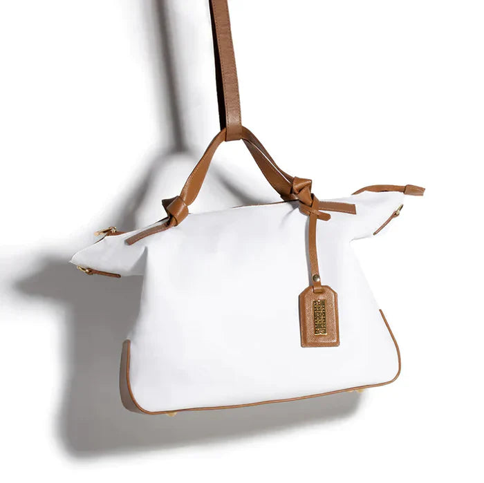 BOLSA FEMININA EM COURO ALÇA DE MÃO BRANCA COM CARAMELO