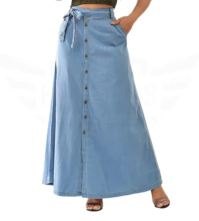 Saia Jeans Longa Botões Tendência Moda Evangélica