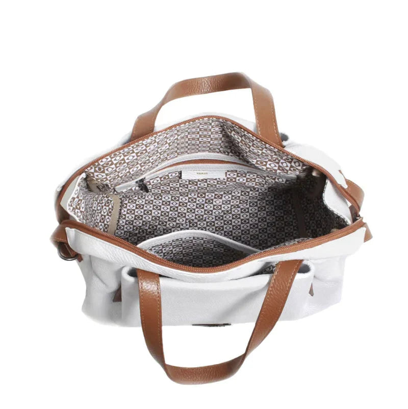 BOLSA FEMININA EM COURO ALÇA DE MÃO BRANCA COM CARAMELO